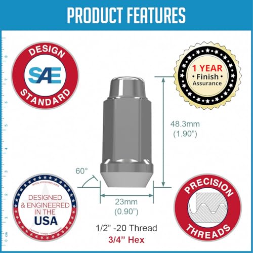 Wheel Accessories Parts 32 Pcs 1/2"-20 Thread Bulge Acorn 1.90" Long Lug Nuts Chrome 3/4" 19mm Hex Fits Dodge D200 D250 D350 Chevy C20 C30 K20 K30