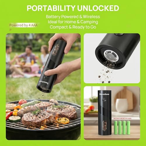 Electric Salt and Pepper Grinder Set 2 Pack, Top-Refill Battery Operated Pepper Mills with Storage Base, Adjustable Coarseness, 120ml per Grinder & White LED Light, Black