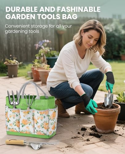 Gardening Tools - 10 Piece Heavy Duty Gardening Hand Tools Stainless Steel Garden Tools with Wooden Handle, Storage Garden Bag, Gardening Gifts for Women and Men