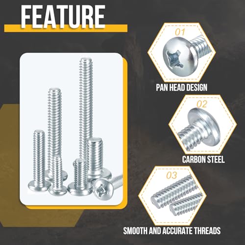 DTGN 370pcs #8-32 Pan Head Machine Screws Bolts Kit Carbon Steel #8-32x1/2"/3/4"/1"/1-1/4"/1-1/2"/2" 370