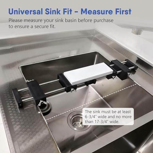 SCOTTCHEN 17-3/4” Sink Bridge Whetstone Holder - Heavy Duty 304 Stainless Steel Sharpening Stone Base for Kitchen Sink - Adjustable Non-Slip Rubber, Rust-Proof Fits Stones 3-1/4" to 14-1/4" 17-3/4"--SINK BRIDGE