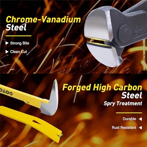 4-Piece Pry Bar Set, 12-Inch Utility Claw Pry Bar, 10-Inch & 7.5-Inch Flat Pry Bars Crowbar Claw, 8-Inch End Cutting Pliers, Nail Remover Tool for Baseboard, Floor, Nails Removal (Yellow 2026) Yellow 2026