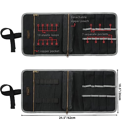 Wrench/Tool Roll (7 Slots), Waxed Canvas Roll Up Bag with 1 Small Detachable Tool pouch and 1 Zipper Pockets, Multi-Purpose Wrench Roll Organizer for Motorcycle/Mechanic/Electrician Black
