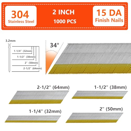 SS304 15 Gauge 34 Degree Angled Finish Nails 2.0 Inch 1000-Pack 2"-1000 pcs