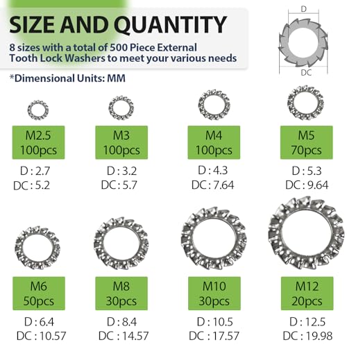 500 PCS 304 Stainless Steel External Tooth Lock Washers Assortment Kit and 500 PCS Steel Black Oxide Finish Internal Tooth Star Lock Washers