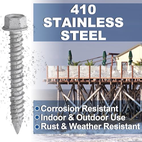 Tandefio 100 Pcs 1/4" x 1-3/4" 410 Stainless Steel Hex Concrete Anchor Screws Diamond Point Salt Fog Zinc Plated Silver Heavy Duty Anchors for Masonry Block Brick 1-3/4"