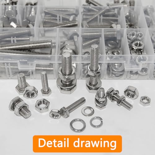 248Pcs M6 M8 M10 Screw Set Metric Bolt Assortment 304 Stainless Steel Nuts and Bolts Set Flat & Spring Washers Hex Head Cap Screws Bolts and Nuts Kit Includes 10 Common Sizes Fully Thread M6 M8 M10-248Pcs