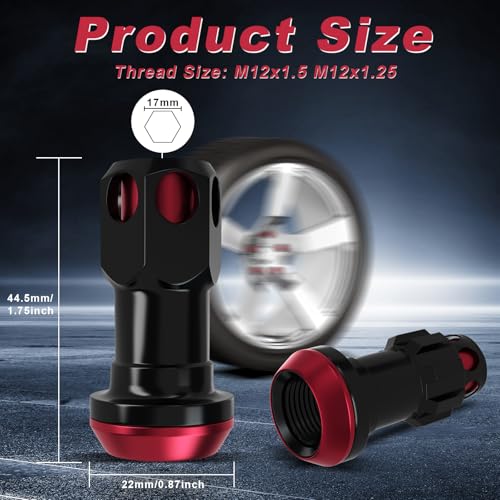 Lug Nuts Aluminum/Alloy Steel Tire Nut Lock 16 PCS Hex Nuts,4xEight Point Spline Nuts,1xHex Socket Key,1xEight Point Spline Socket Key,22mm OD/45mm H (Red Accents/Black Body, M12x1.25) Red Accents / Black Body
