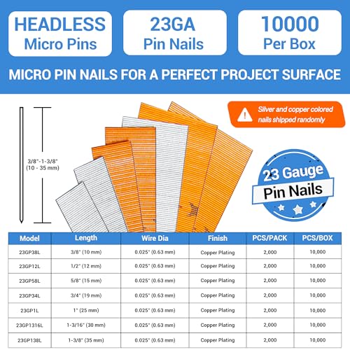 meite 23 Gauge Pin Nails, 1-3/8-Inch Micro Headless Pins for Pin Nailer - High-Quality Copper Plated Pins Nails for Nail Gun, Ideal for Fine Woodworking and Trim Work (10,000 PCS)