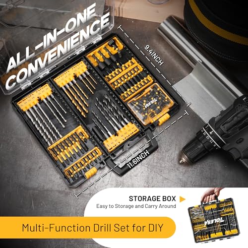 TOLESA 105pcs Drill Bit Set Titanium Coated, High Speed Steel Twist Driver Bit Set for Metal, Wood & Masonry, Screwdriver Bits Set, Countersink & More with Organizer Case 105