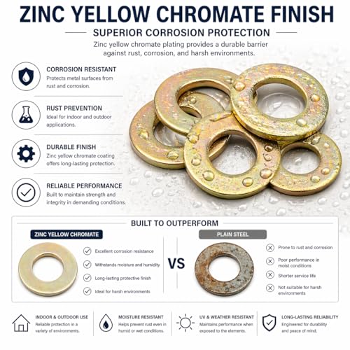 3/4×1-1/2 Inch SAE Electro Galvanized Flat Washers, 50-Pack, Industrial Grade, Corrosion Resistant, Fit for American Industrial & Mechanical Applications 3/4" Yellow