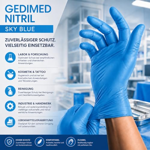 Gedikum Nitrile Disposable Gloves, Powder-Free, Latex-Free, Pack of 100/Box, Blue Nitrile Gloves, Available in Sizes XS, S, M, L, XL & XXL (L)