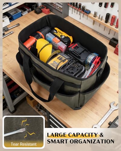 Marscamd Waxed Canvas Tool Bag with Hard Bottom and 8 Pockets Dark Green