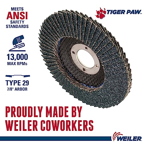 Weiler 51119 4-1/2" Tiger Paw Abrasive Flap Disc, Angled (Ty29), Phenolic Backing, 40Z, 7/8" Arbor Hole (Pack of 10) Performance Steel / Metal 40 Grit