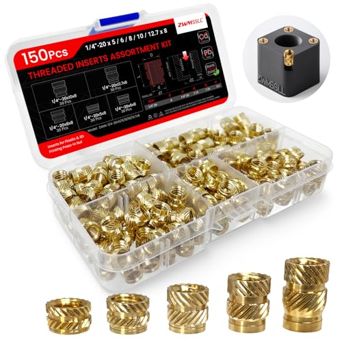 1/4"-20x12.7/5/6/8/10x8 Threaded Inserts-150 Pieces Assortment Box+Heat-Set Insert Tips Sets,Brass Knurled Nuts,pPress Tool for 3D Printing Components and Plastic Parts