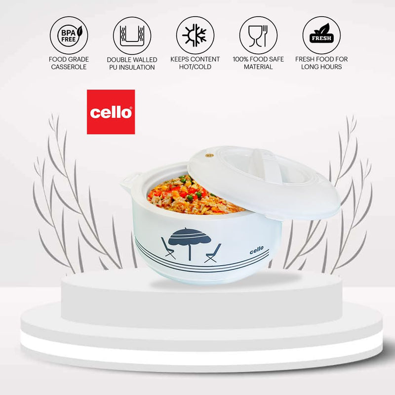 Cello Chef Deluxe Insulated Hot Pot Casserole 2500, White | Spacious 2300ml Capacity Provides Ample Storage and Serving Space for Everyday Family Dining