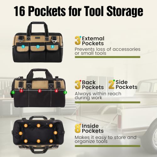 18 Inch Heavy Duty Tool Bag, 16 Pockets Portable Tool Box Organizer 18 Inch