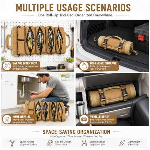Tool Roll Organizer, Roll Up Tool Bag for Mechanics, Shoulder Strap