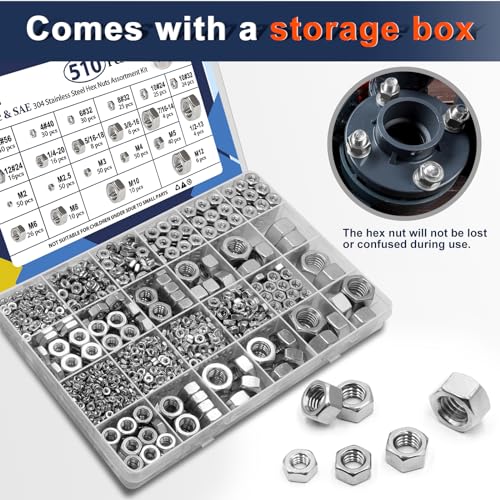 ZQZ 510 Pcs SAE & Metric Hex Nut Assortment Kit;304 Stainless Steel Nut Set SAE and Metric Hex Nuts Assortment;510 PCS