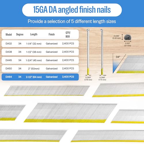 meite 15 Gauge 34 Degree Finish Nails Set 1-1/4 Inch & 2-1/2 Inch Galvanized Angled Finishing Nails for Finish Nailer Gun - Cabinet Crown Baseboard Door Trim