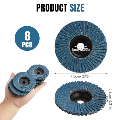 Pack of 8 Flap Discs, Flap Discs, Sanding Mop Discs for Angle Grinders, Sanding Discs, Sanding Mop Discs, Diameter 75 mm x 10 mm, Grit 40/60/80/120, High Performance Sanding Discs for Metal, Wood