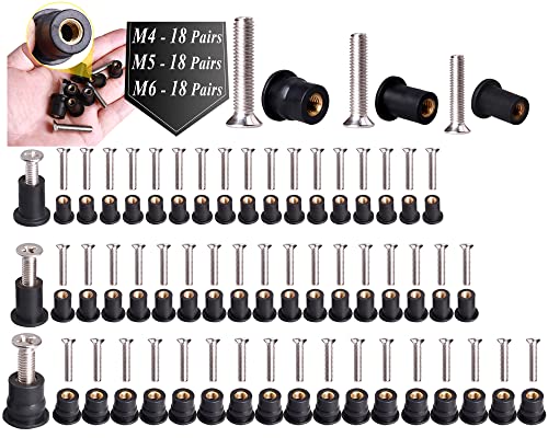 WEDAMER 54 Pairs Neoprene Well Nuts Kit M4 M5 M6 with Stainless Steel Screw M5 Rubber Well Nuts Kayak Brass Copper Bolts Well Nut Kit for Kayak Motorcycle Boat Marine Windscreen Accessories (M4 M5 M6)