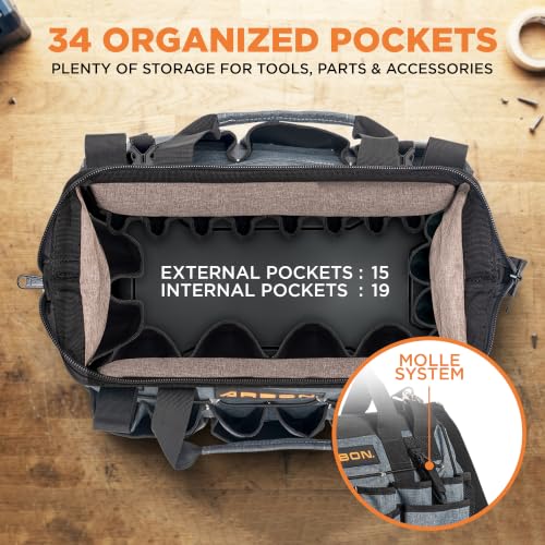 Arbon Electrician Tool Bag, Heavy Duty Tool Organizer, 34 Pockets, 52+ lb