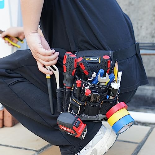 MELOTOUGH Electrician Tool Pouch Tool Belt Pouches with Belt Clip, Electrical Tape Chain, Multiple Pockets Tool Organizer,Magnetic Tool Holder Strong Magnetic Belt Clip