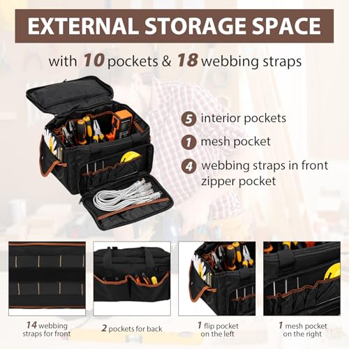 17 Inch Heavy Duty Tool Bags for Men Women, 28 Pockets Portable Tool Bag with Adjustable Shoulder Strap, Wide Mouth Tool Bag Organizer for Electricians Mechanics Carpenters