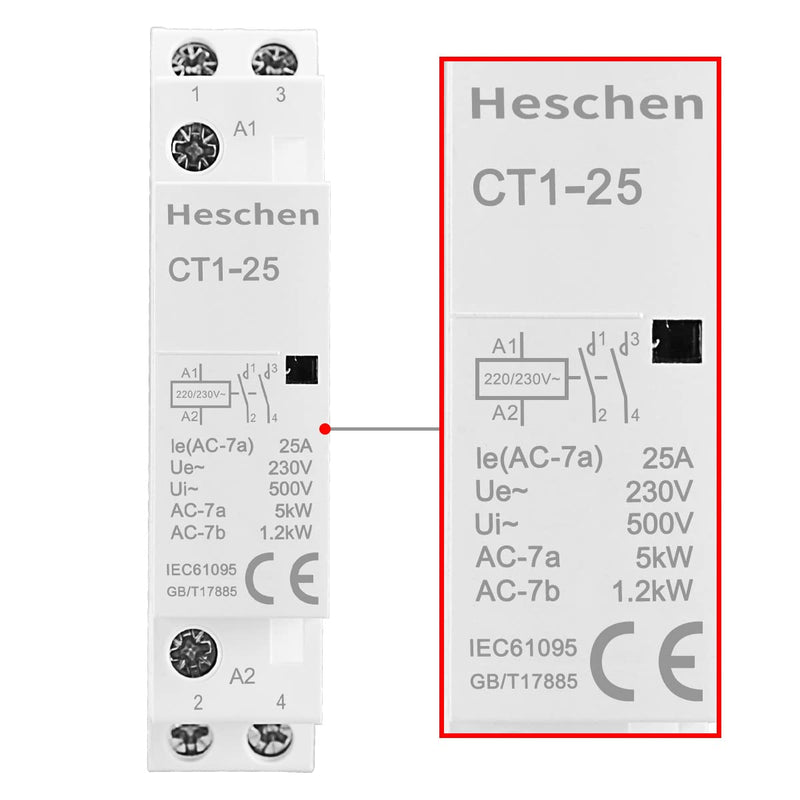 Heschen household AC contactor, CT1-25, 2-pole two normally open, AC 220V/230V coil voltage, 35mm DIN rail mount (1) 1