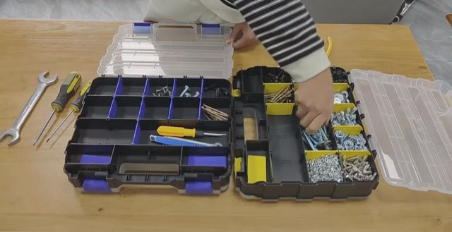 AIDY-PRO Tools Box Organizer Double Side 34 Compartments Hardware Organizers with Removable Plastic Dividers for Screws Nuts Nails Yellow 2 PACK