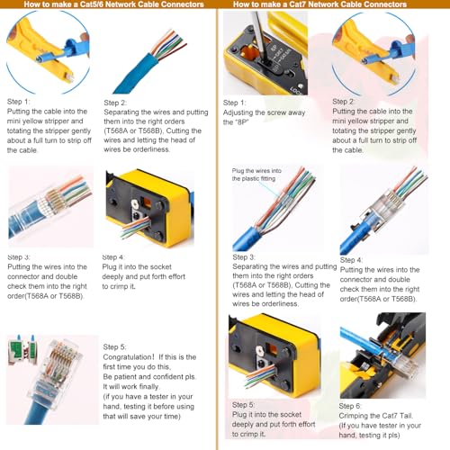 Rj45 Crimp Tool Pass Through Ethernet Crimping Tool kit for 8P-Cat7 Cat6 Cat5 6P Telephone Connector Network Crimp Tool RJ45 Crimper With Cable Tester Covers Connectors Mini Yellow Stripper Cat/5/6/7 RJ45 Crimp Tool Set