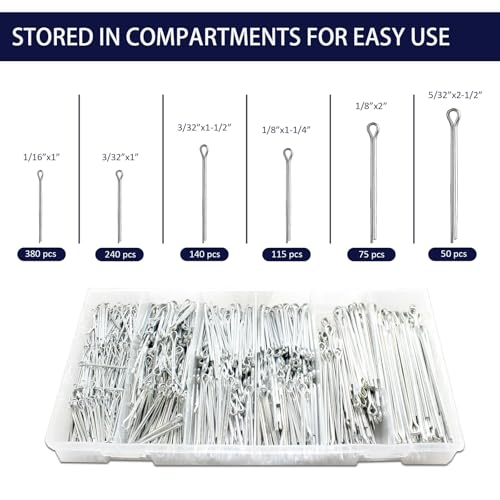 1000 pcs Cotter Pin Assortment Kit, 6 Sizes Split Pins (1/16" to 5/32")
