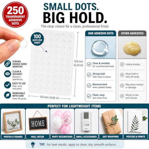 250 Transparent Adhesive Dots, Double Sided Glue Dots for Crafts, Balloons, Posters, Classroom Decor & DIY Projects, Clear Sticky Dots 250