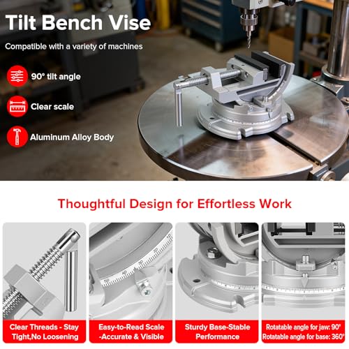 Multi-Angle Bench Clamp with Heavy-Duty Vise Function: 0-90° Tilt, 360° Swivel Base, 3" Jaw, Cast Iron & Powdered Metallurgy Jaws for Woodworking, Drilling, Milling DIY Silver