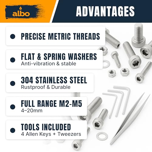 ALBO 2000 Pcs M2-M5 Socket Head Cap Screw Kit, 304 Stainless Steel Set 2000 Head Cap