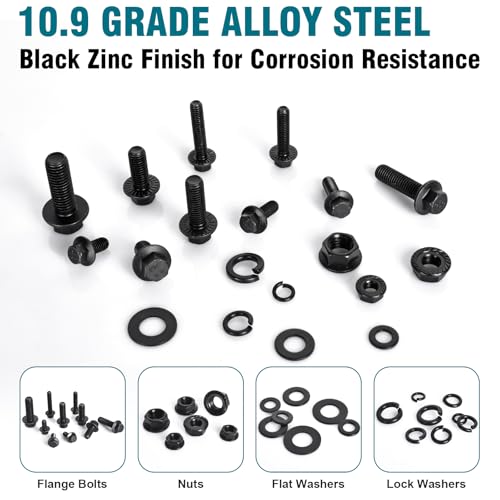 288 Pcs Metric Flange Bolt Assortment Kit, M6 M8 M10 Hex Flange Bolts with Nuts and Washers (12mm to 30mm), 10.9 Grade Black Zinc Alloy Steel, for Automotive, Machinery, and DIY Projects