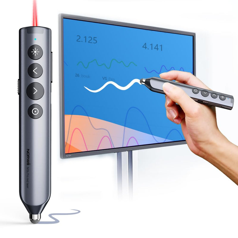 Norwii N10 Bluetooth Presentation Remote with Stylus Pen for Touch Screen, Advanced Digital Highlighting Presenter Clicker, 50M Range Metal Shell