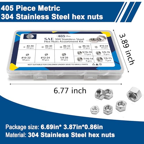 ZQZ 405 Pcs SAE Hex Nuts Assortment Kit + ZQZ 108Pcs Flat Washers, 304 Stainless Steel