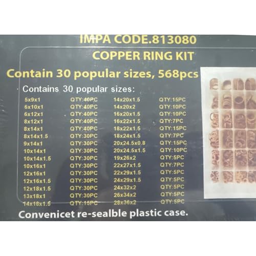 568pcs Copper Washers Assortment Kit, 30 Sizes M5-M28 Metric Oil Drain Plug Gasket Seal Kit, Flat Sealing Crush Washers Assortment Set for Automotive, Plumbing, Electrical, Mechanical Use, IMPA813080