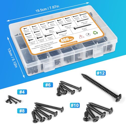 460PCS Black Stainless Steel Wood Screws Assortment Kit, 18 Sizes #4#6#8#10#12 Pan Head Sheet Metal Screws Self Tapping Screws Set for Wood Deck Drywall Concrete Screws, Length 1/4" to 2" Black Pan Head 460PCS