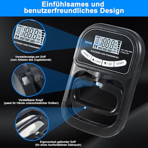Digital Grip Strength Gauge, 396 lbs / 180 kg Hand Dynamometer, Black Hand Strength Gauge, Grip Strength Trainer with LCD Display, Grip Strength Trainer with USB Charging Cable and 19 Recording Groups