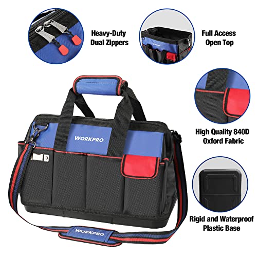 WORKPRO 18" Tool Bag with Waterproof Base, 20 Pockets & Klein Tools Utility Bags, Stand-Up Zipper, 1680d Ballistic Weave, 2-Pack