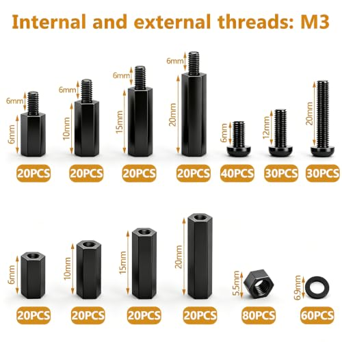 640PCS M3 Brass and Nylon Motherboard Standoffs Kit, Male Female Hex Spacer Standoff Screws Nuts Suitable for Circuit Board, PCB Board etc (Pack of 2) Yellow & Black 640PCS (Pack of 2)