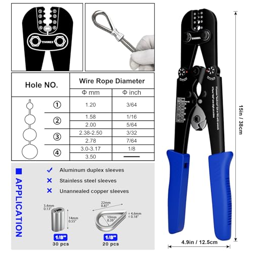 Wire Rope Crimping Tool Kit, Built-in Cutter Swaging Tool 1/8" 1/8" Crimper Kit