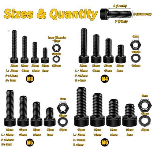 Mywish 900Pcs M3 M4 M5 M6 Metric Screws Assortment, Grade 12.9 Alloy Steel, Nuts and Bolts Hex Socket Head Cap Metric Bolts & Nuts & Flat Washers Kit, Black Zinc Palted, Anti Rust Machine Screws