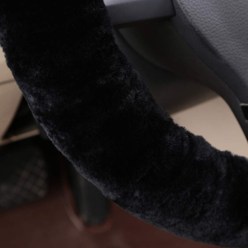 Fluffy Wool Sheepskin Fuzzy Black Car Steering Wheel Cover for Universal Auto Steering Wheel 14 1/2-15 1/2inch, Anti-Slip, Soft Plush, Comforting and Luxurious, Soft Texture (Black)