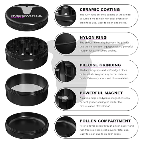 Herb Grinder | Premium 4 Piece Aluminium Metal Grinder with Pollen Catcher, Strong Magnetic Lid, Razor Sharp 28 Teeth, Non-Sticky & Easy to Clean with Ceramic Coating (Black) Black