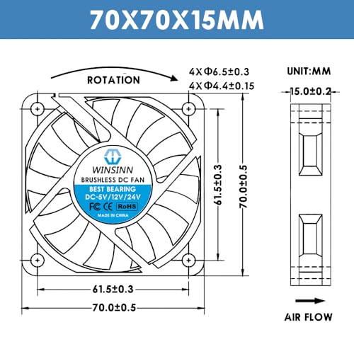 WINSINN 70mm 24V Fan - Dual Ball Bearing 4500 RPM 7015 Cooling Fan Replacement for 3D Printers/Industrial Equipment, 30cm Cable with XH2.54-2PIN, Brushless 70x15mm (2Pcs)