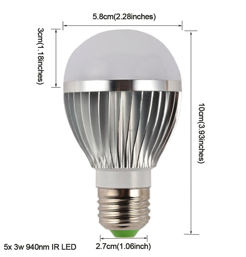 940nM IR Illuminator, 5 LED X 3 Watt Infrared Bulb Light Lamp, E26 E27 Base, Total invisible no glow, for CCTV Clear Surveillance Images at Night, to Enhance Night Vision of 940nm IR Capable Cameras